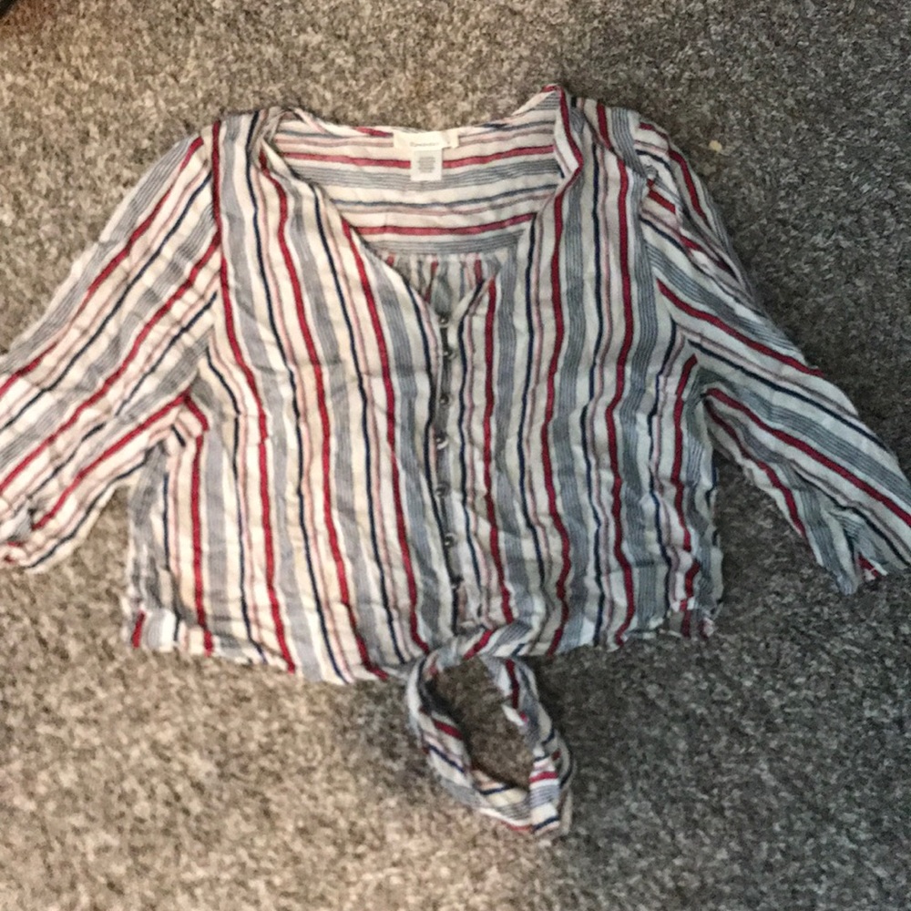 Stripped button up tie front shirt